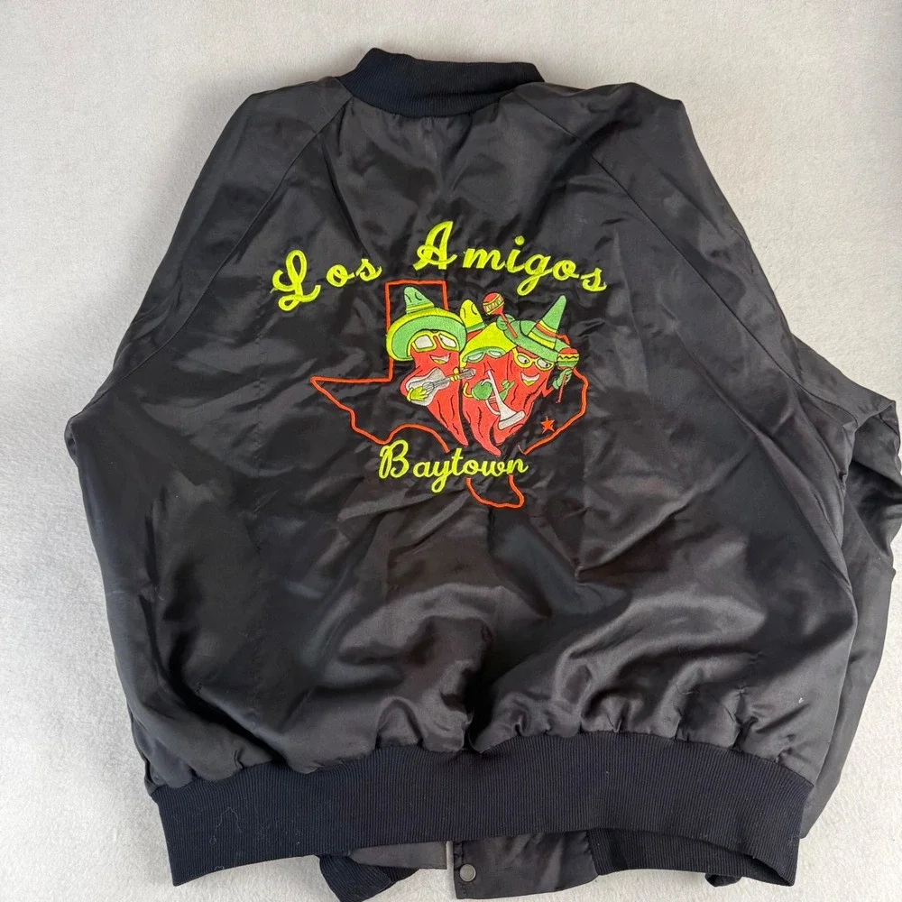 80s Vintage WestArk Los Amigos Team Bomber Jacket Black Satin Mens XL USA